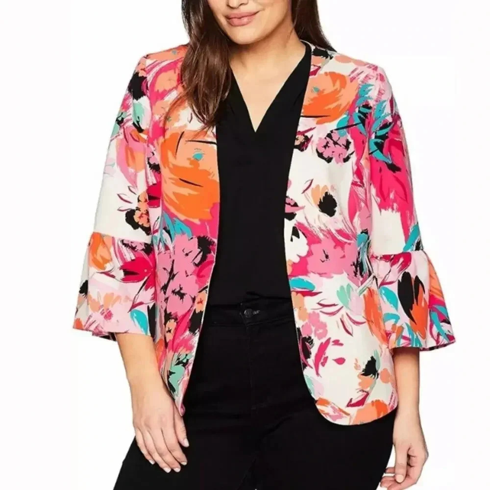 NEW Nine West Women’s Size 12 Ruffle Sleeve Pink Floral Blazer Jacket v6x